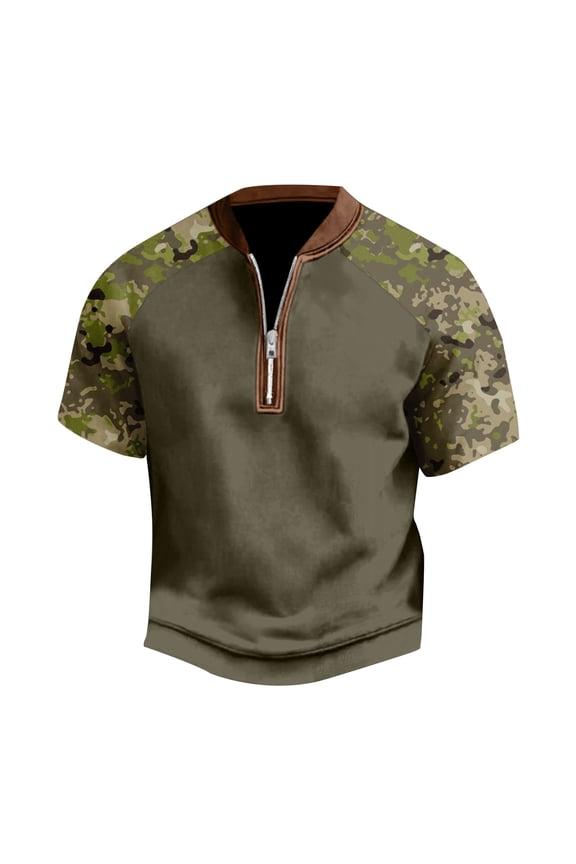 Men'S Tee Shirts Color Block Design Camouflage Pattern Short Sleeve Crew with front Zipper Slim Fit Lightweight for Summer Office Wear Cool Tees,Camouflage,L