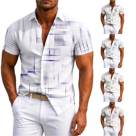 Rggeeun Men'S Tee Shirts Tie-Dye Striped Pattern Short Sleeve Collar with front Buttons Cardigan Loose Fit Soft Breathable for Summer Streetwear Classic Tees,Multicolour4,L