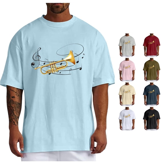 Rggeeun Men'S Tee Shirts Trumpet Pattern Short Sleeve Crew Neck Loose Fit Soft Breathable for Summer Workout Classic Tees,Light Blue,M