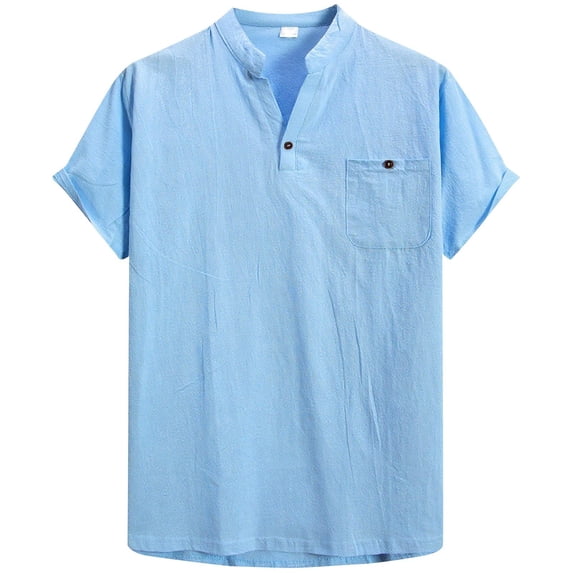 Rggeeun Men'S Tee Solid Color Henley Buttons Short Sleeve Collar Patch Pocket Cotton Linen Knit For Evening Party Casual Tops,Sky Blue,Xl