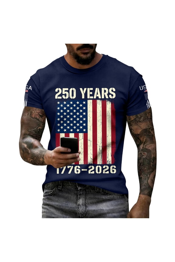 Men'S Tee Stars And Stripes 250 Years Graphic 1776-2026 Print Liberty Short Sleeve Crew Neck For 4th Of July Rodeo Soft Tops,Navy,L