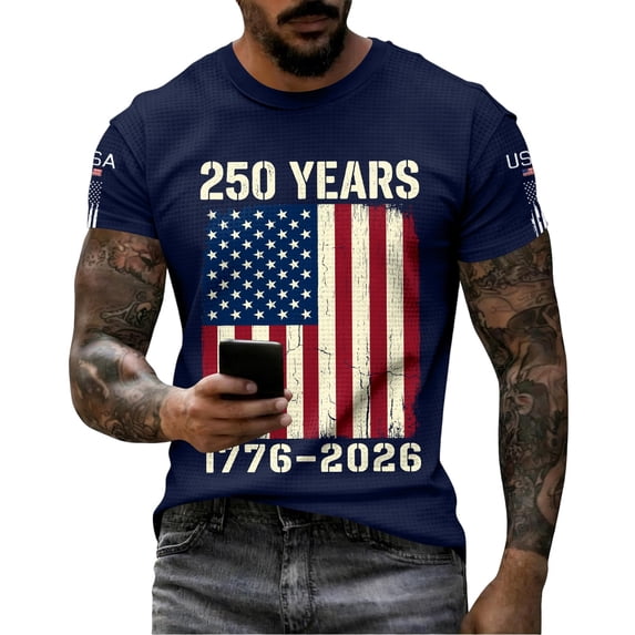 Rggeeun Men'S Tee Stars And Stripes 250 Years Graphic 1776-2026 Print Liberty Short Sleeve Crew Neck For 4th Of July Rodeo Soft Tops,Navy,Xxxxxl