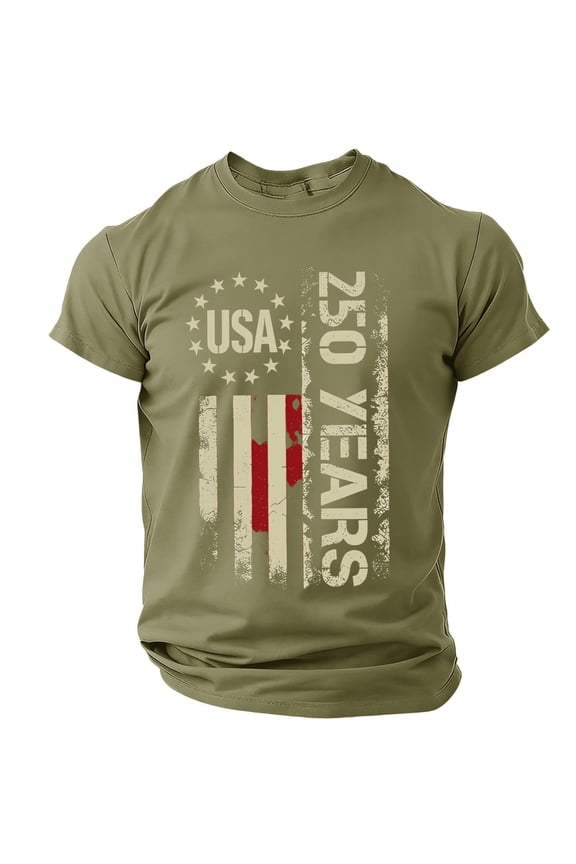 Men'S Tee Stars And Stripes U.S.A. 250 Years Graphic Freedom Short Sleeve Crew Neck For 4th Of July Camping Trip Nautical Tops,Army Green,L