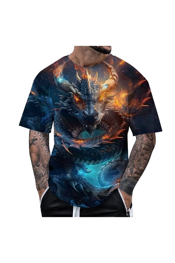 Men'S Tee Stylish 3D Dragon Graphics Short Sleeve Crew Neck Loose Fit Soft Fabric For Summer Travel Party Casual Tops,Navy,Xl