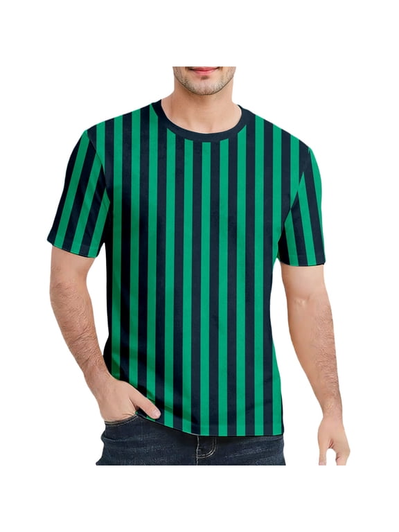 Men'S Tee Stylish Vertical Stripes Print Cotton Knit Crew Neck Short Sleeve Slim Fit For Summer Daily Wear Comfort Tops,Dark Green,Xl