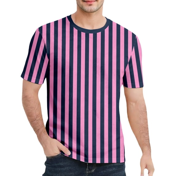 Rggeeun Men'S Tee Stylish Vertical Stripes Print Cotton Knit Crew Neck Short Sleeve Slim Fit For Summer Daily Wear Comfort Tops,Light Pink,Xl
