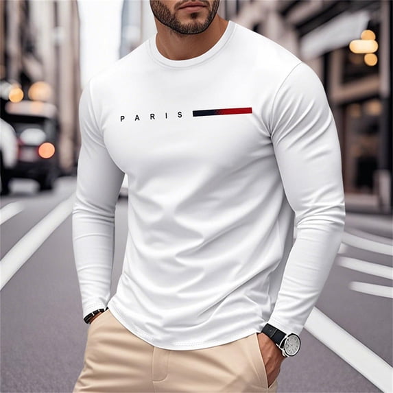 Rggeeun Men'S Tshirts Solid Color Letter Print Long Sleeve Crew Neck Knit Slim Fit Lightweight for Summer Evening Party Trendy Shirts,White,Xl
