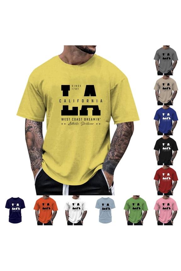 Men'S Tshirts Solid Color Letter Print Short Sleeve Crew Neck Loose Fit Soft Breathable for Summer Daily Wear Comfort Shirts,Yellow,S