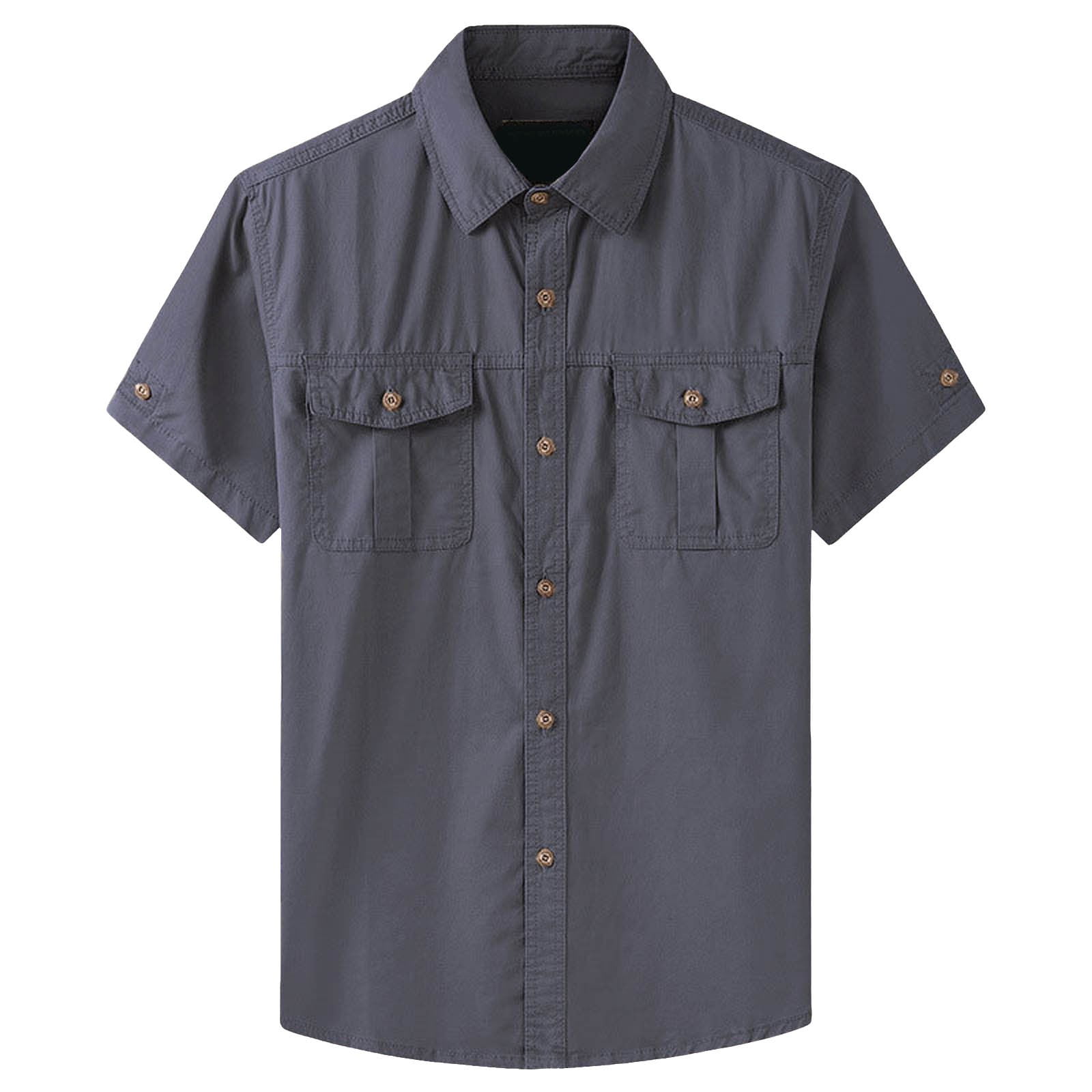 Rggeeun Men Shirts Solid Color Short Sleeve Collar Buttons Cardigan ...
