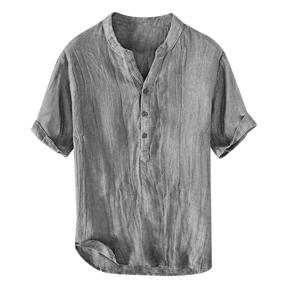 Rggeeun Men T-Shirts Solid Color Half Sleeve V Neck Distressed Front Buttons Waist Pleating Side Slit Design Loose Fit For Summer Party Casual Tee,Grey,L