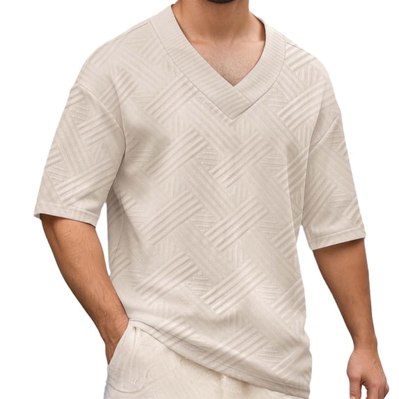 Rggeeun Men Tee Solid Color V-Neck Short Sleeve Top Casual Loose Fit Comfortable Stretchable Tee For Spring Summer Everyday Wear ,Khaki,XXL