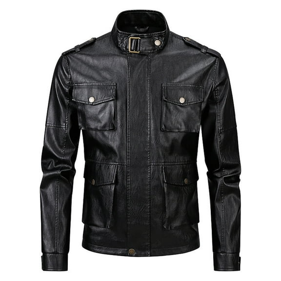 Rggeeun Men's Casual Jacket Stand Collar Leather Outerwear Lightweight Comfortable Stylish Versatile Everyday Wear Outwear Fashion