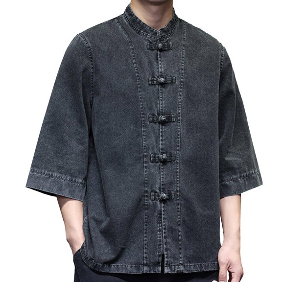 Rggeeun Men's Denim Jackets Fashionable 3/4 Sleeve Button Up Collar Shirts Plus Size Outerwear For Men Outwear Fashion