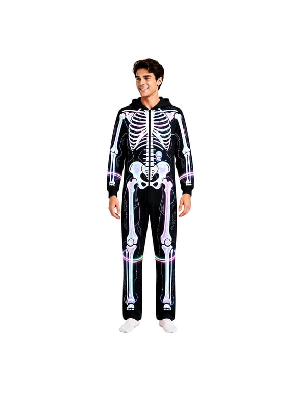 Men's Halloween Jumpsuit Skeleton Graphic Print Zip Up Hooded Long Sleeve Straight Leg Ankle Length Relaxed Fit for Halloween Everyday Wear Casual One-Pieces,Black,2Xl