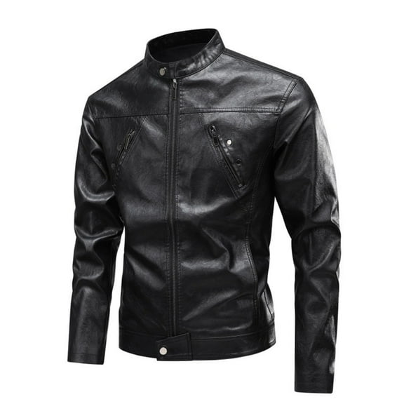 Rggeeun Men's Jacket Stylish Stand Collar Leather Coat Motorcycle Racing Jacket Casual Outerwear Winter Warm Coat Streetwear