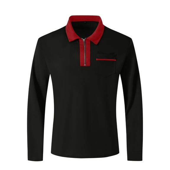 Rggeeun Men's Long Sleeve Polo Shirts Fall Male Fashion Zipper Patchwork Chest Pocket Shirt Tops Fashion
