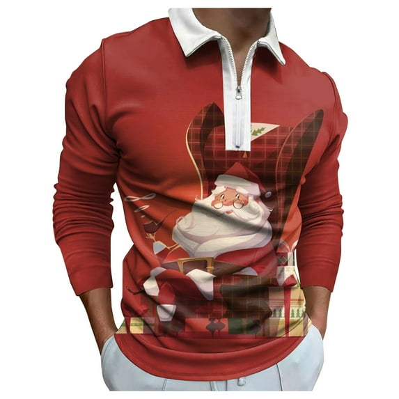 Rggeeun Men's Long Sleeve Polo Shirts Male Christmas Fashion Leisure Comfortable 3D Printing Holiday Lapel Half Zipper Shirt Shirt Blouse Tops Fashion