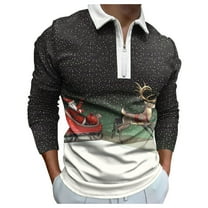Rggeeun Men's Long Sleeve Polo Shirts Male Christmas Fashion Leisure Comfortable 3D Printing Holiday Lapel Half Zipper Shirt Tops Golf Shirts For Men