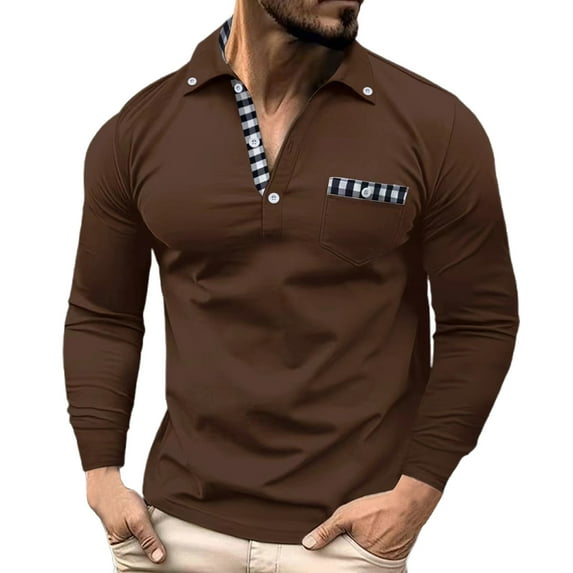 Rggeeun Men's Long Sleeve Polo Shirts Male Spring And Fall Daily Casual Patchwork Checkered Lapel Top Fashion