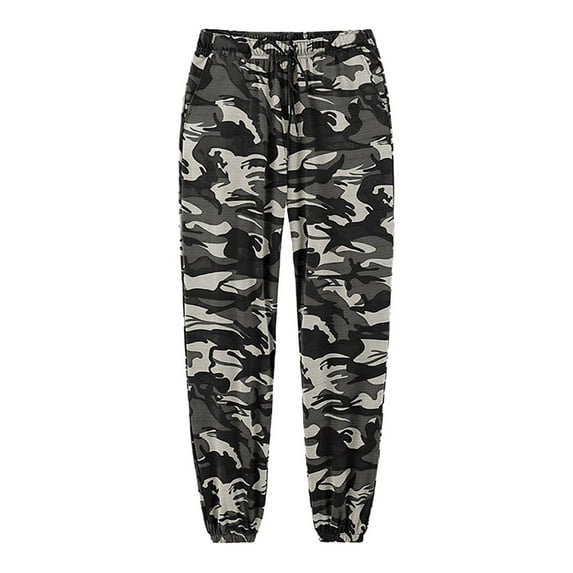 Rggeeun Men's Pants Mens Camo Cargo Pants Casual Outdoor Hiking Trousers Elastic Waist Drawstring Pocket Athletic Joggers Fashion