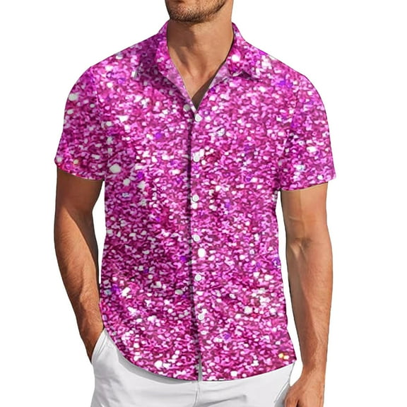 Rggeeun Men's Shirts Male Carnival Fashion Sequins Short Sleeve Lapel Button Down Shirt Top Classic