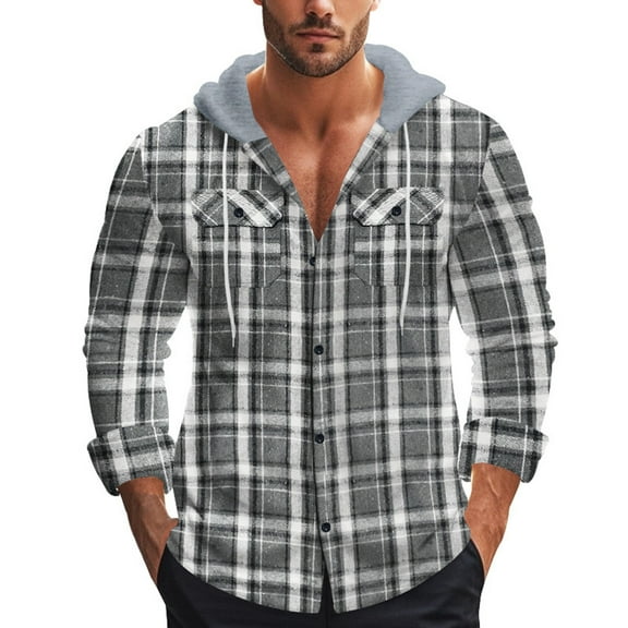 Rggeeun Men's Shirts Male Fall Winter Flannel Jacquard Trend Casual Plaid Long Sleeve Hooded Shirt Leisure Tops