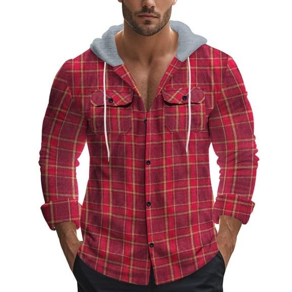 Rggeeun Men's Shirts Male Fall Winter Flannel Jacquard Trend Casual Plaid Long Sleeve Hooded Shirt Tops