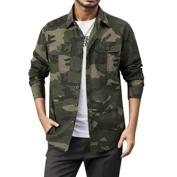 Rggeeun Men's Shirts Male Fashion Casual Lapel Long Sleeve Tooling Loose Outdoor Casual Camouflage Shirt Coat Streetwear Tops