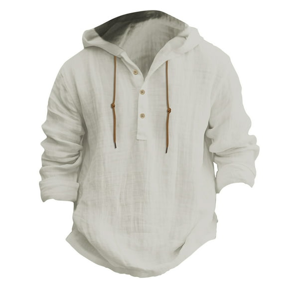 Rggeeun Men's Shirts Male Solid Color Casual Button Hooded Shirt Top 3/4 Sleeve Hooded Shirt Casual Hawaiian Beach Leisure