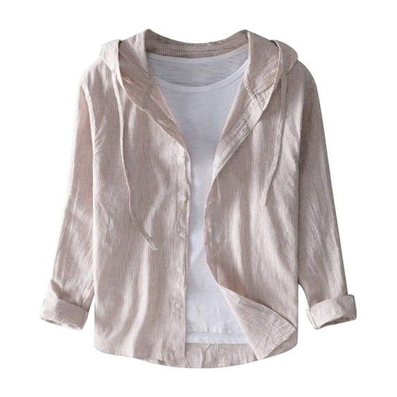 Rggeeun Men's Shirts Spring Summer Male Loose Fashion Hooded Long Sleeve Solid Color Linen Shirt Comfort Tops