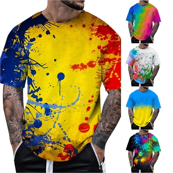 Rggeeun Men's T-Shirts Fashion Graffiti Style Pattern Short Sleeve Crew Neck Knit Loose Fit Casual For Summer Everyday Use Comfort Tee,Yellow,L