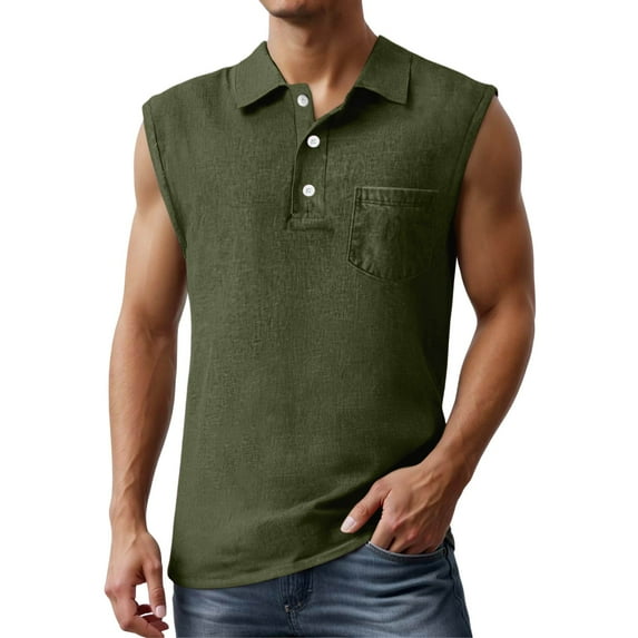 Rggeeun Men's Teesleeveless Solid Color Turndown Collar Tank Tops Running Beach Summer Vintage Button Up Tee Vest,Green,XXXL
