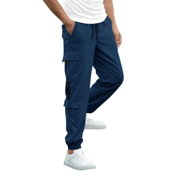 Rggeeun Mens Cargo Pants Male Spring And Fall Fashion Casual Solid Color Bundle Foot Pocket Casual Pants Loose Fit Joggers Fashion