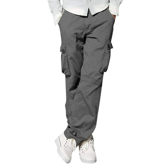Rggeeun Mens Cargo Pants Male Street Casual Sports Solid Color Pocket Straight Tube Zipper Overalls Loose Fit Joggers Trousers