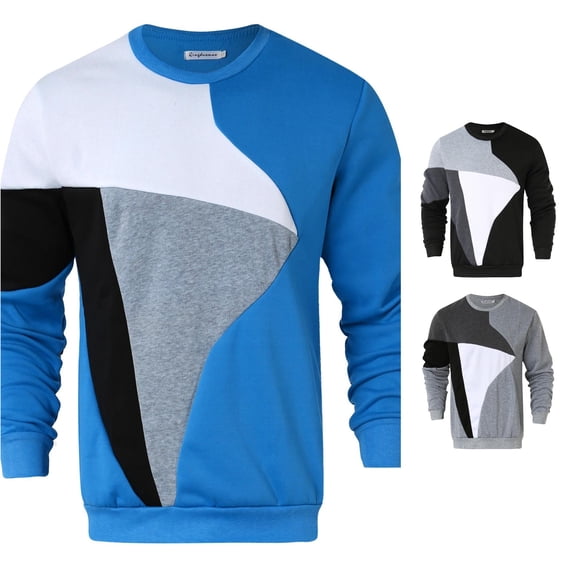 Rggeeun Mens Crewneck Sweatshirt Patchwork Color Block Long Sleeve Tops Fall Winter Soft Pullover Everyday Use Cozy,Blue,4XL