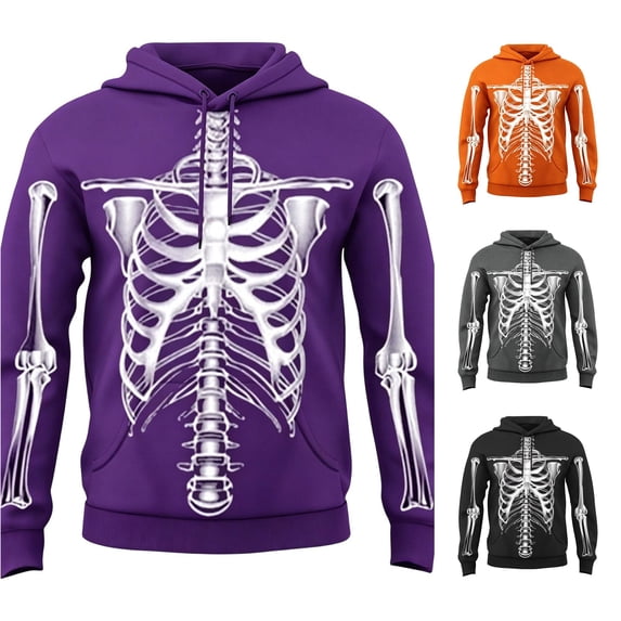 Rggeeun Mens Halloween Sweatshirt Hoodie Skeleton Graphic Soft Long Sleeve Tops with Pocket Fall Winter Pullover Evening Party Comfort,Purple,M