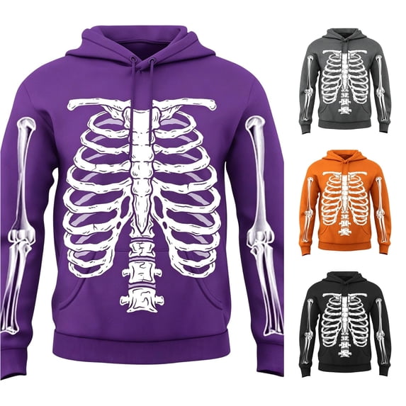 Rggeeun Mens Halloween Sweatshirt Hoodie Skeleton Graphic Soft Long Sleeve Tops with Pocket Fall Winter Pullover Outdoor Activities Casual,Purple,S