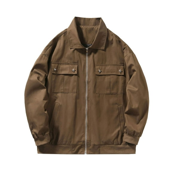 Rggeeun Mens Jacket Men's Loose Lapel Jacket Fall Outwear Solid Color Casual Winter Jacket With Pockets Streetwear