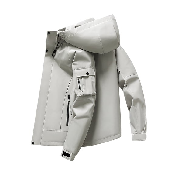 Rggeeun Mens Jacket Men's Spring Fall Hooded Workwear Solid Color Long Sleeve Outdoor Casual Jacket Outwear Classic