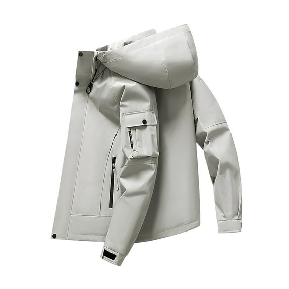 Rggeeun Mens Jacket Men's Spring Fall Hooded Workwear Solid Color Long Sleeve Outdoor Casual Jacket Outwear Streetwear