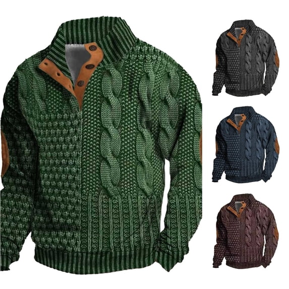 Rggeeun Mens Oversized Sweatshirt Neck Boho Cable-Knit Texture Thermal Long Sleeve Tops Fall Winter Button Down Pullover Outdoor Wear Comfort,Purple,3XL