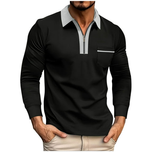 Rggeeun Mens Polo Shirts Fall Male Fashion Zipper Patchwork Chest Pocket Long Sleeve Shirt Tops Classic