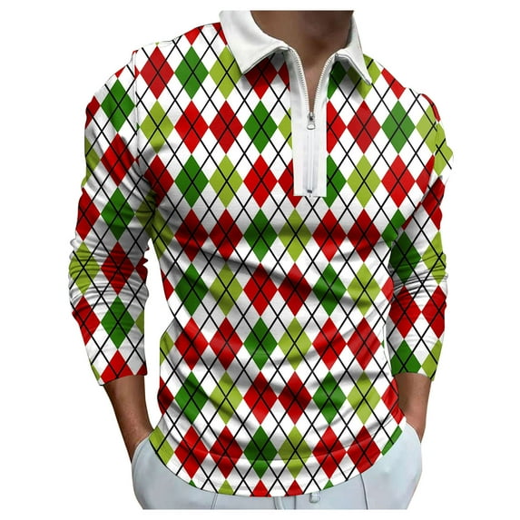 Rggeeun Mens Polo Shirts Male Christmas Fashion Leisure Comfortable 3D Printing Holiday Lapel Half Zipper Shirt Long Sleeve Shirt Blouse Tops Classic