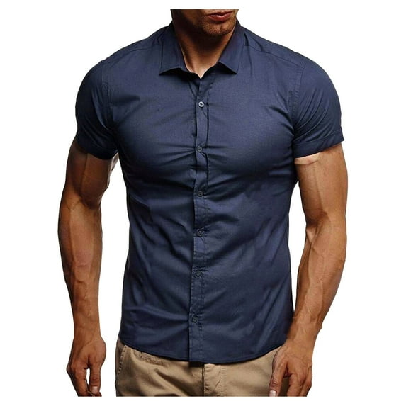 Rggeeun Mens Shirts Button Sleeve Business Solid Color Casual Male Affairs Short Shirt Turn-Down Men Shirts Regular Fit Dress Shirt Comfort Tops