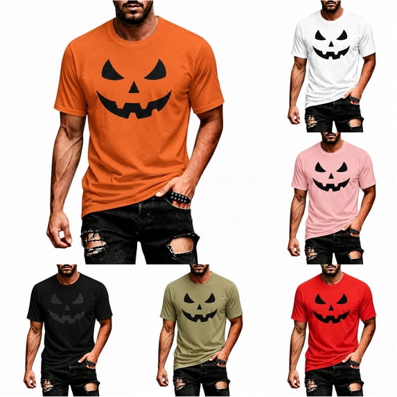 Rggeeun Mens Shirts Halloween Graphic Short Sleeve Crew Neck Workout Loose Fit Mens Oversized T Shirt Outdoor Wear Trendy,Orange,2XL