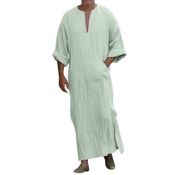 Rggeeun Mens Shirts Male Casual Fashion V Neck Long Sleeve Robe Top Solid Color Casual Hawaiian Beach Leisure