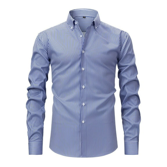 Rggeeun Mens Shirts Male Casual Lapel Long Sleeve Button Down Shirt Striped Print Comfortable Relaxed Fit Dress Shirt With Slight Stretch Classic Tops