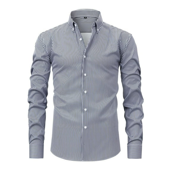 Rggeeun Mens Shirts Male Casual Lapel Long Sleeve Button Down Shirt Striped Print Comfortable Wear Daily Relaxed Fit Dress Shirt With Slight Stretch Tops
