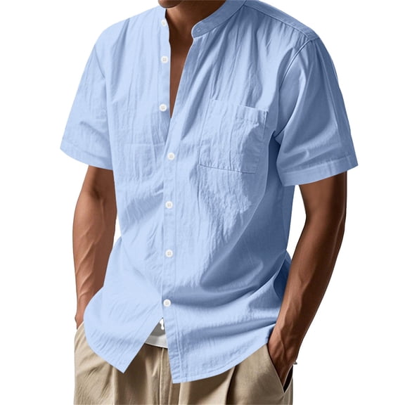 Rggeeun Mens Shirts Male Casual Lapel Short Sleeve Linen Button Down Shirt Relaxed Fit Breathable Comfortable Stylish Beach Outing Solid Color Leisure Tops