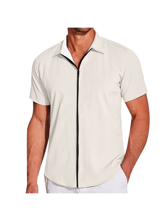 Mens Shirts Male Casual Lapel Short Sleeve Zipper Summer Beach Shirt Light Elastic Shirt Solid Color Classic Tops
